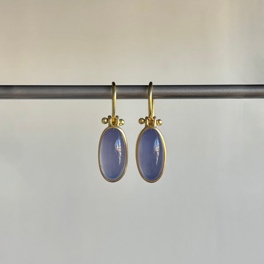 Elongated Oval Blue Chalcedony Cabochon Earrings