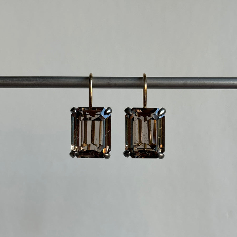 Smokey Rutilated Quartz Emerald Cut Earrings