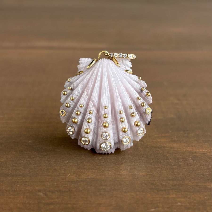 Hand Carved Laguna Agate Scallop Pendant with Diamonds