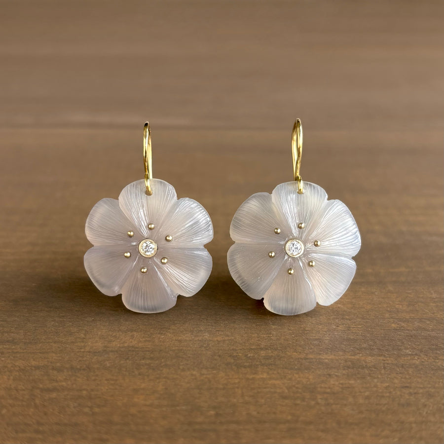 Hand Carved Chalcedony Flower Earrings