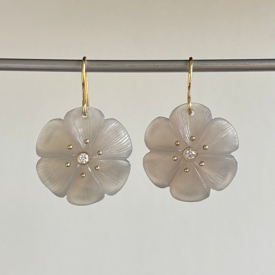 Hand Carved Chalcedony Flower Earrings