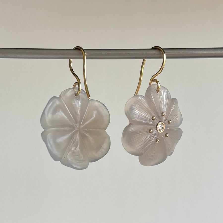 Hand Carved Chalcedony Flower Earrings