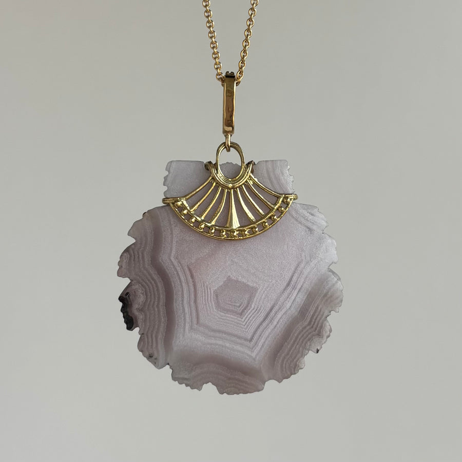 Hand Carved Laguna Agate Scallop Pendant with Diamonds
