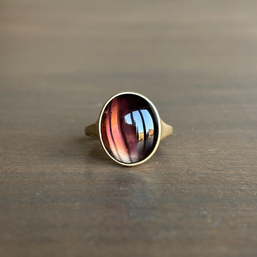 Flat Oval Pinky Brown Tourmaline Cabochon Cast Ring