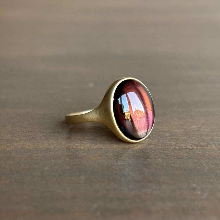 Flat Oval Pinky Brown Tourmaline Cabochon Cast Ring