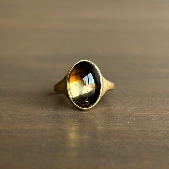 Gold ring with a dark stone on a brown background