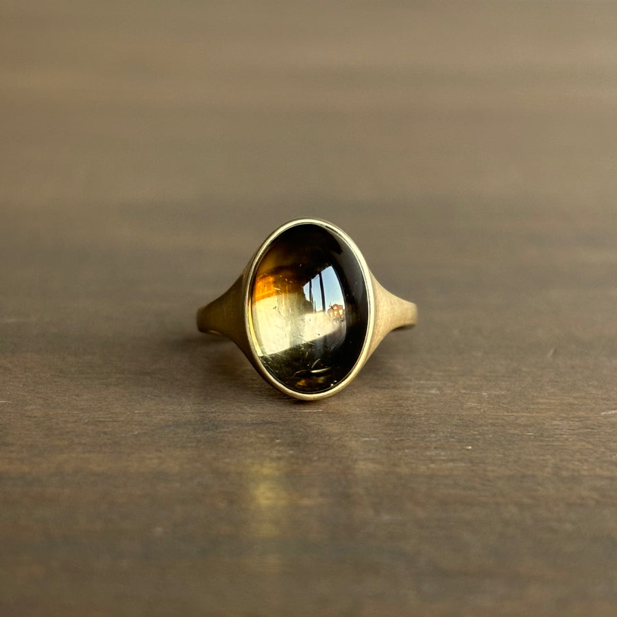 Gold ring with a dark stone on a brown background