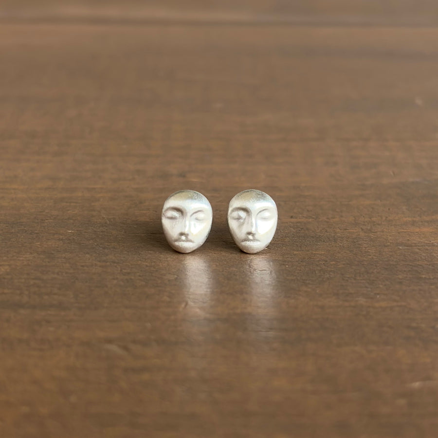 Silver Grey Lady Cameo Stud Earrings