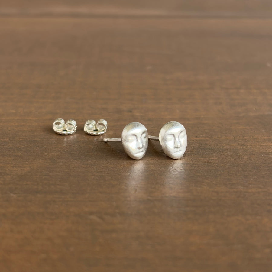 Silver Grey Lady Cameo Stud Earrings