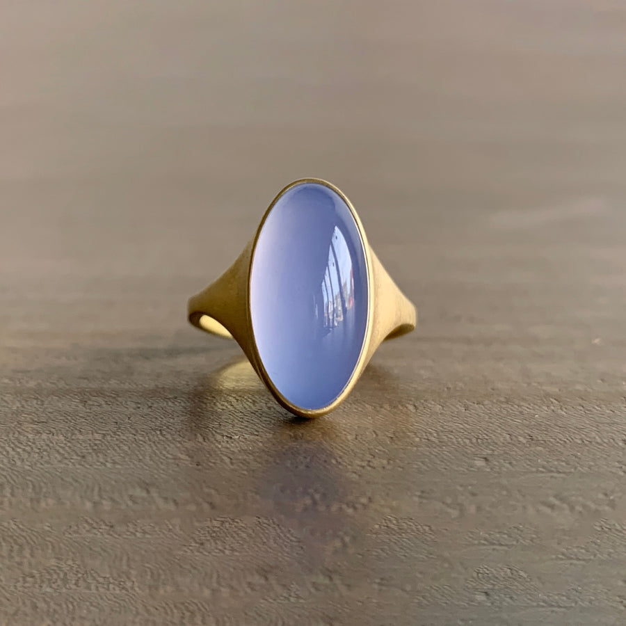 Elongated Oval Chalcedony Cabochon Cast Ring