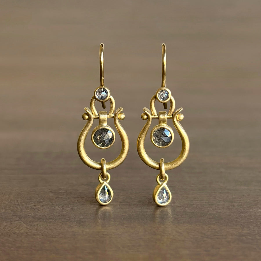 Small Gold Lyre Earrings with Salt & Pepper Diamonds