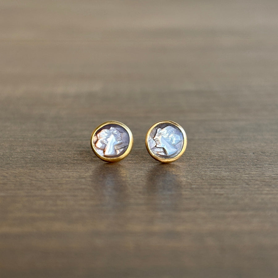 Round Mother of Pearl Cameo Stud Earrings
