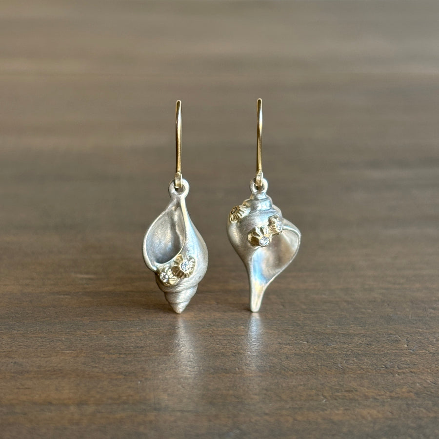Sea Shell Duet Ruthie B. Earrings with Barnacles & Diamonds