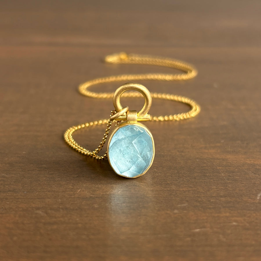 Oval Checker Cut Aquamarine Pendant