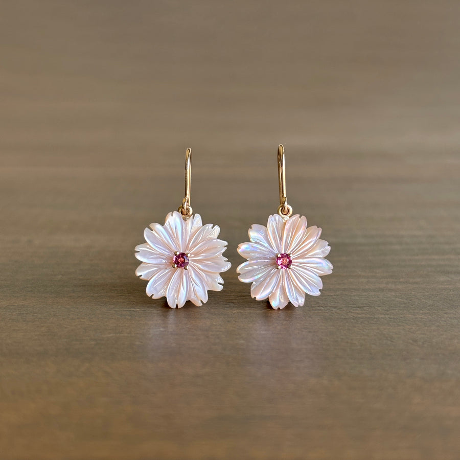 Small Mother of Pearl Flower Earrings with Tourmalines