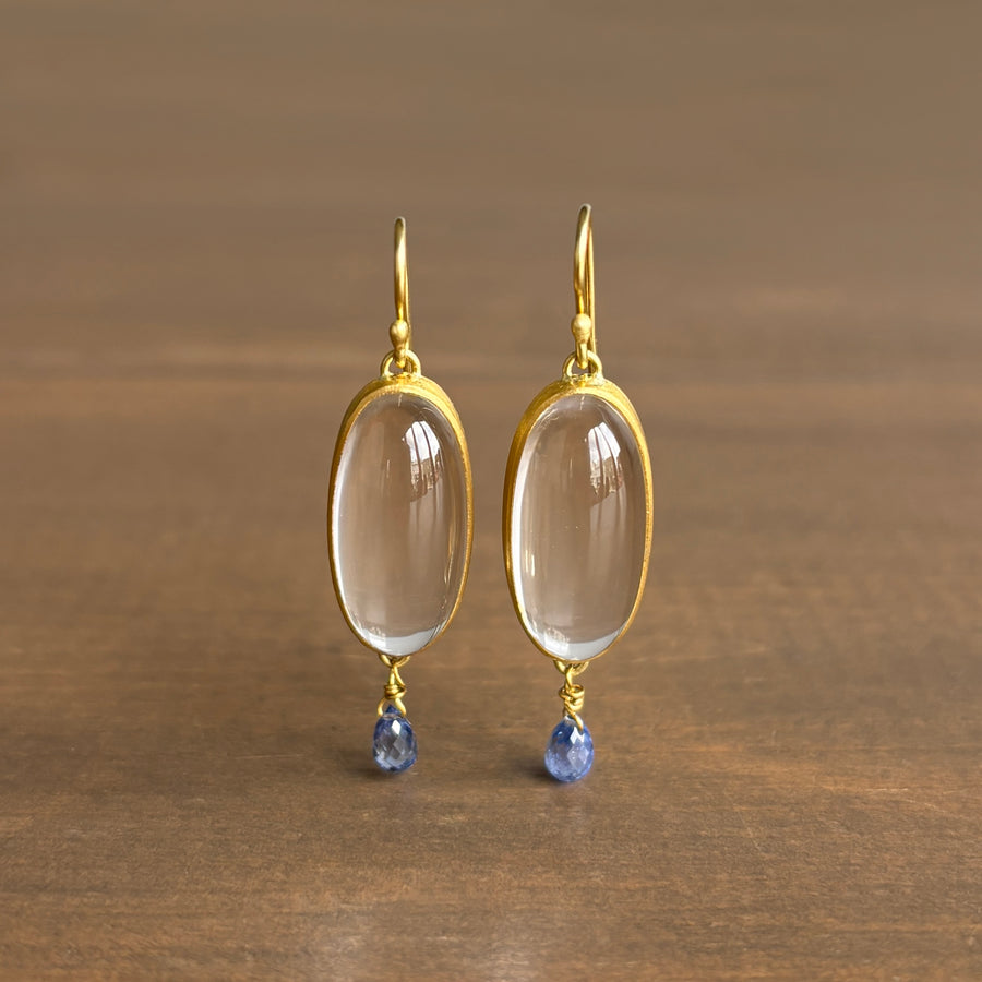 White Quartz Oval Earrings with Blue Sapphire Drops