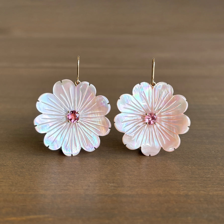 Large Mother of Pearl Flower Earrings with Tourmalines