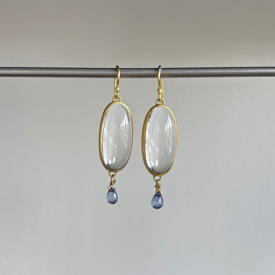 White Quartz Oval Earrings with Blue Sapphire Drops