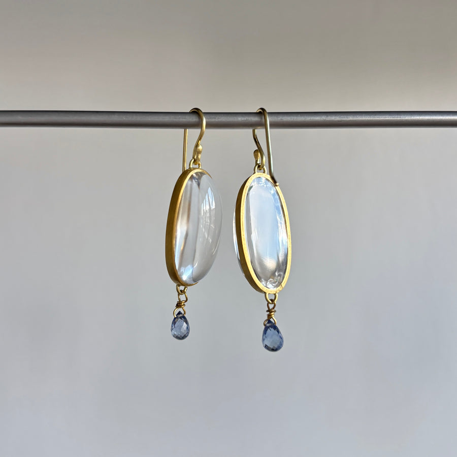 White Quartz Oval Earrings with Blue Sapphire Drops