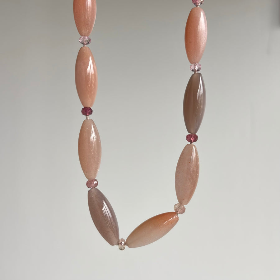 Peach Moonstone Tourmaline Beaded Necklace