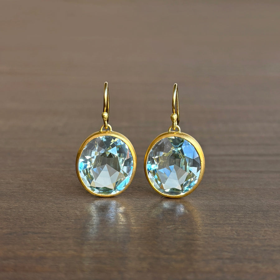 Bezel Set Faceted Oval Blue Topaz Earrings