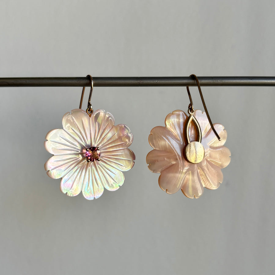 Large Mother of Pearl Flower Earrings with Tourmalines
