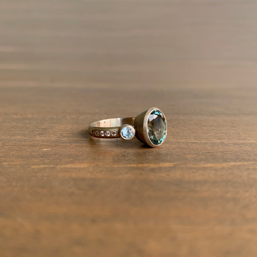 Three-Stone Ring with Tourmaline, Zircon, and Diamonds