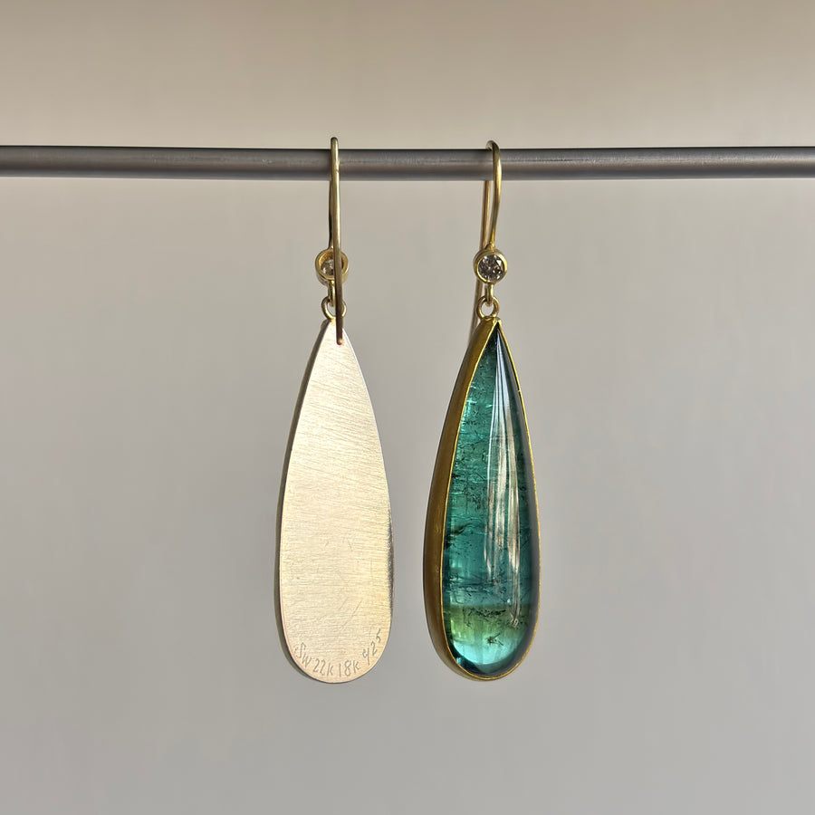 Large Blue/Green Tourmaline Earrings with Diamond Tops