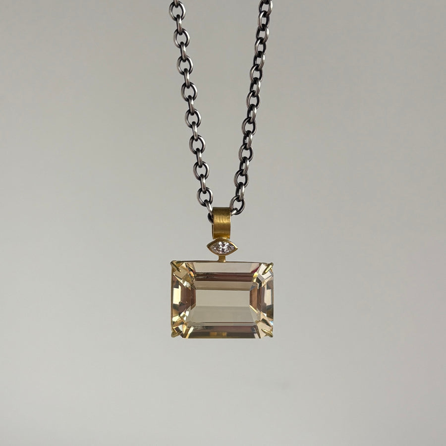 Emerald Cut Citrine Pendant with Marquise Diamond Detail