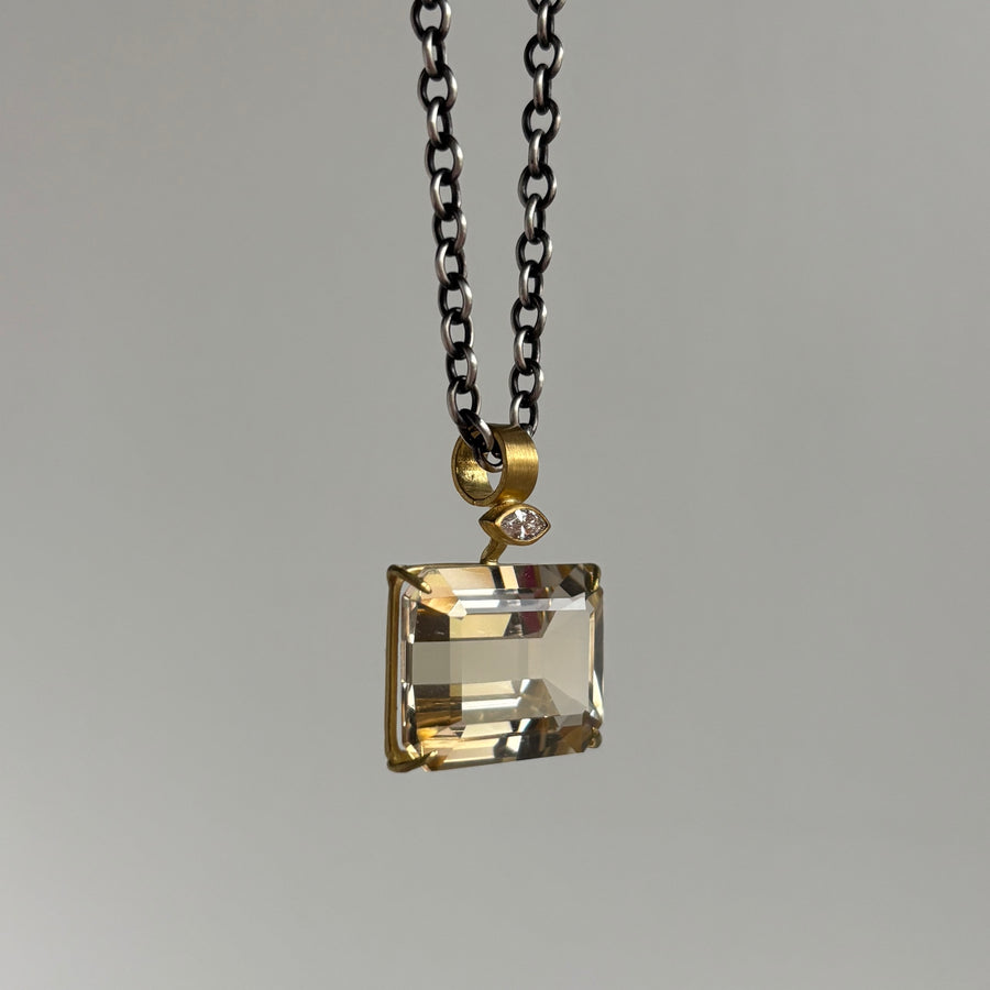 Emerald Cut Citrine Pendant with Marquise Diamond Detail