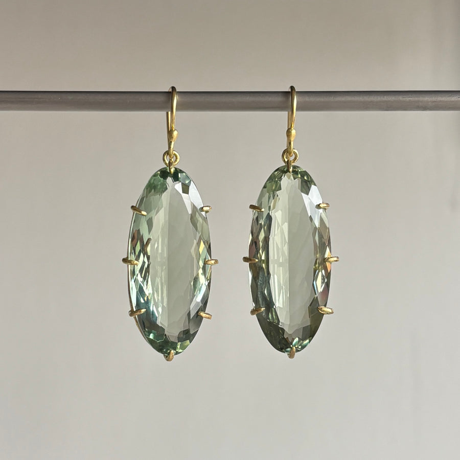 Elongated Faceted Oval Green Amethyst Earrings