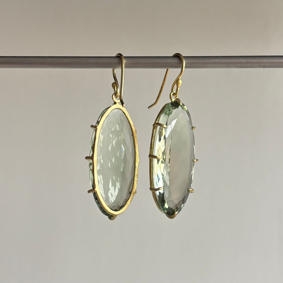 Elongated Faceted Oval Green Amethyst Earrings