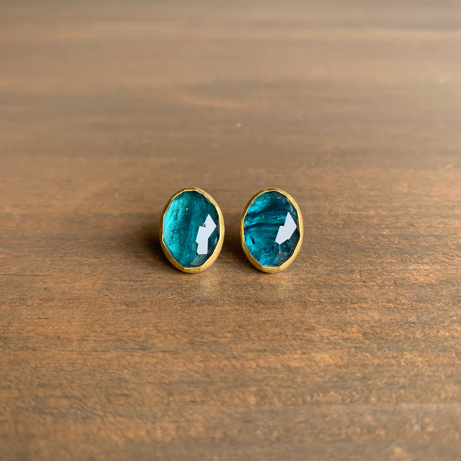 Oval Rose Cut Tourmaline Stud Earrings