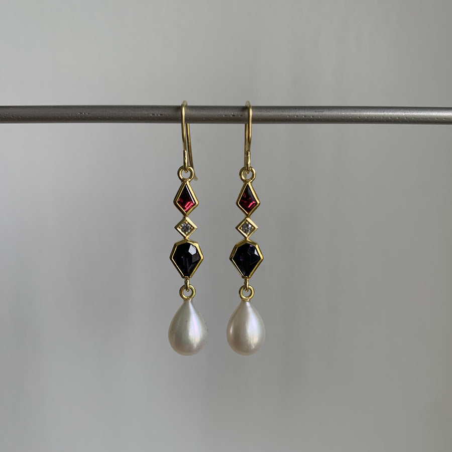 Spinel, Garnet, Diamond, and Pearl Earrings
