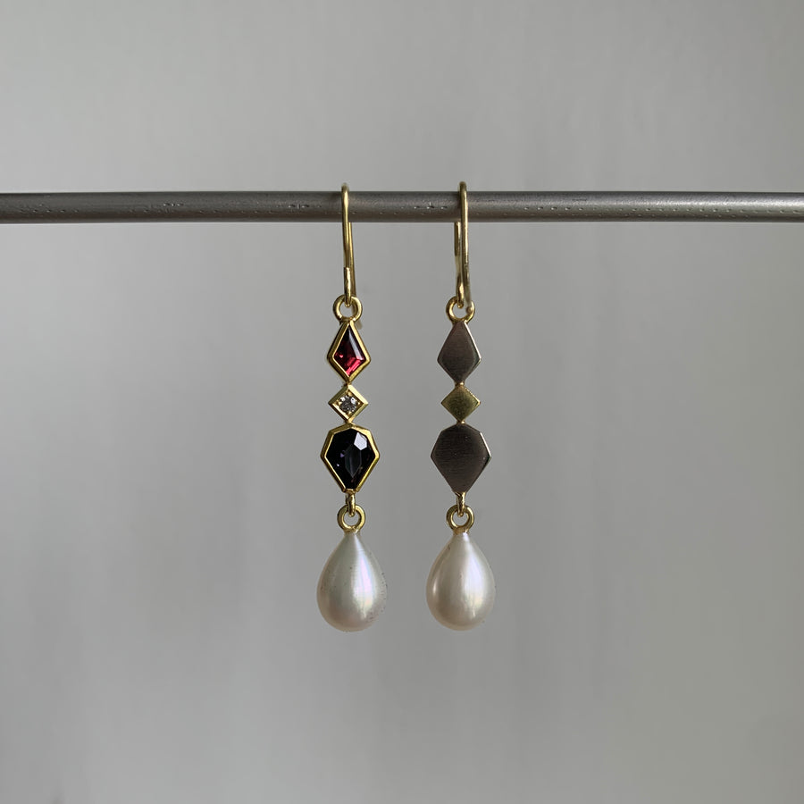 Spinel, Garnet, Diamond, and Pearl Earrings