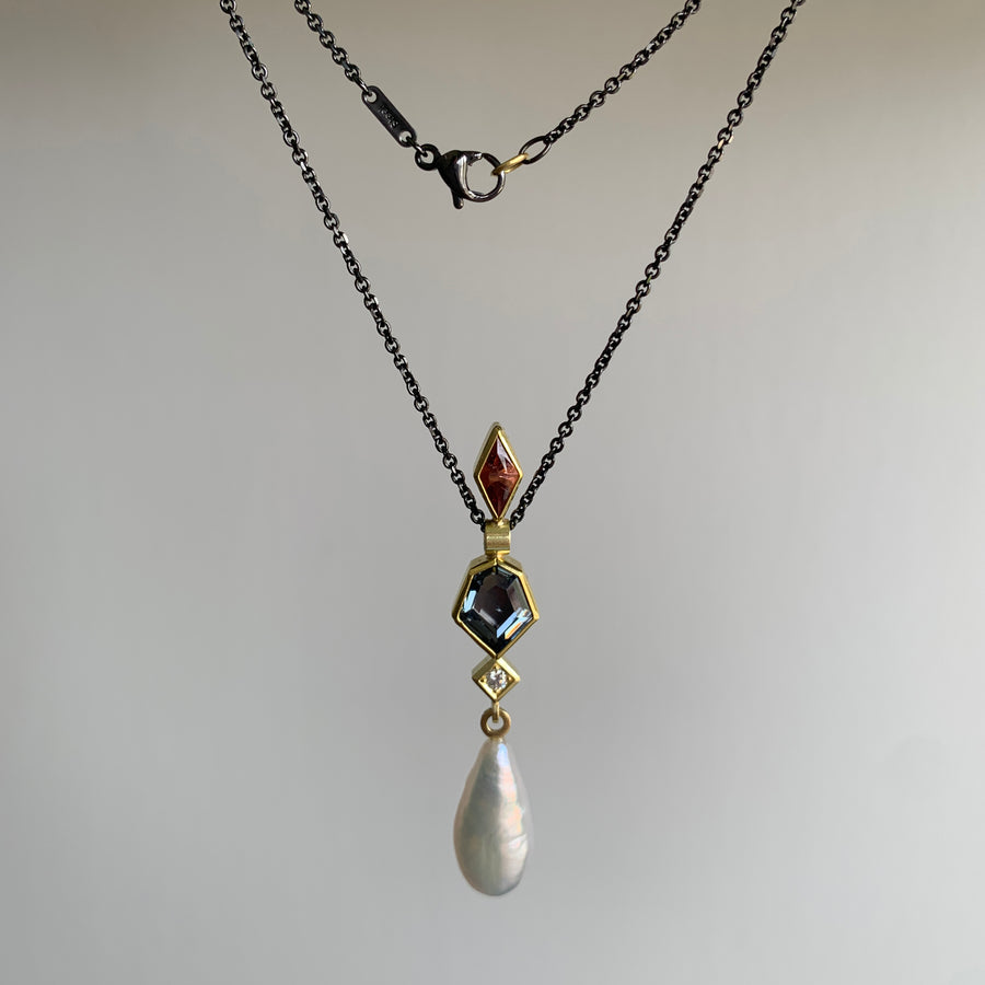 Spinel, Garnet, Diamond, and Pearl Wand Pendant