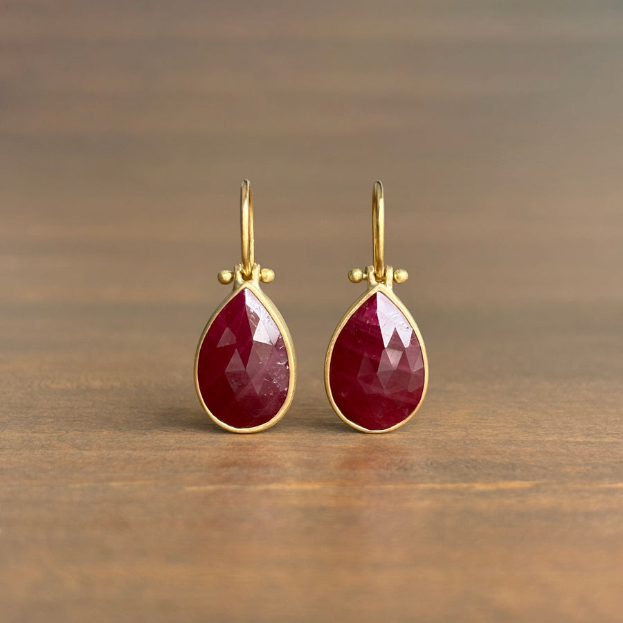 Rose Cut Ruby Pear Drop Earrings