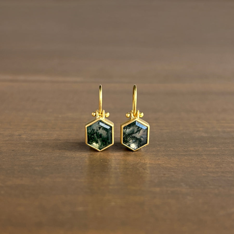 Small Moss Agate Hexagon Earrings