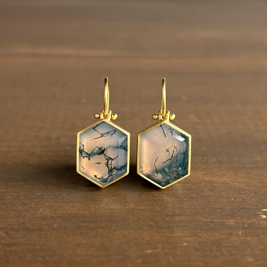 Moss Agate Hexagon Earrings