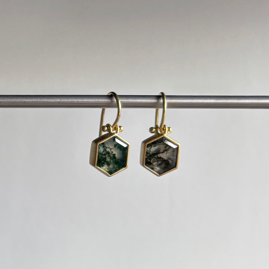 Small Moss Agate Hexagon Earrings