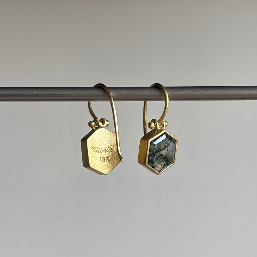 Small Moss Agate Hexagon Earrings