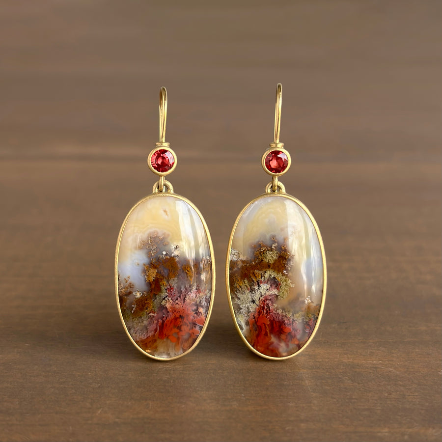 Plume Agate with Red Sapphire Earrings
