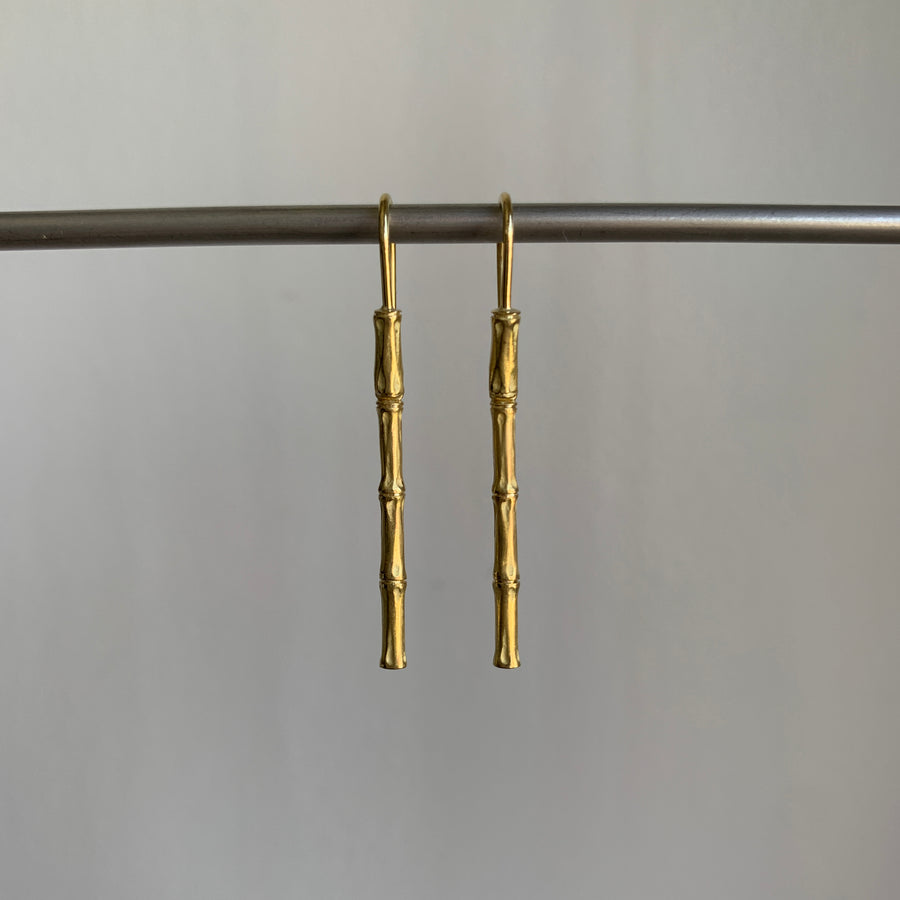 Gold Bamboo Long Dangle Earrings