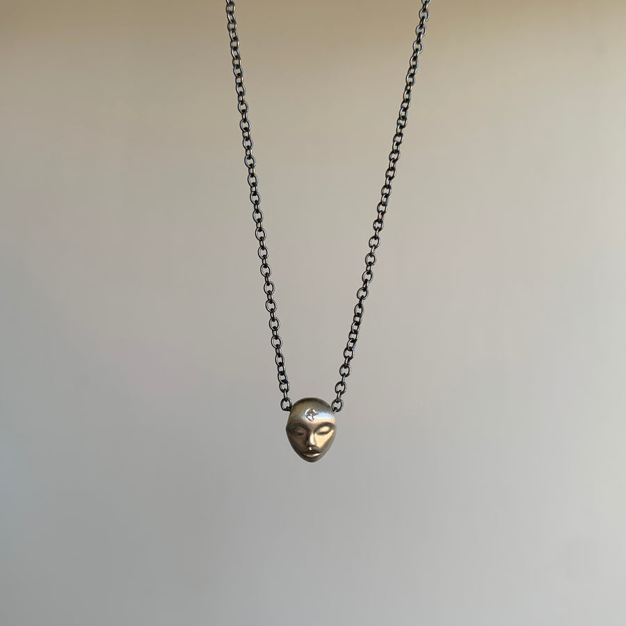 Little Silver Grey Lady Cameo Necklace with Diamond