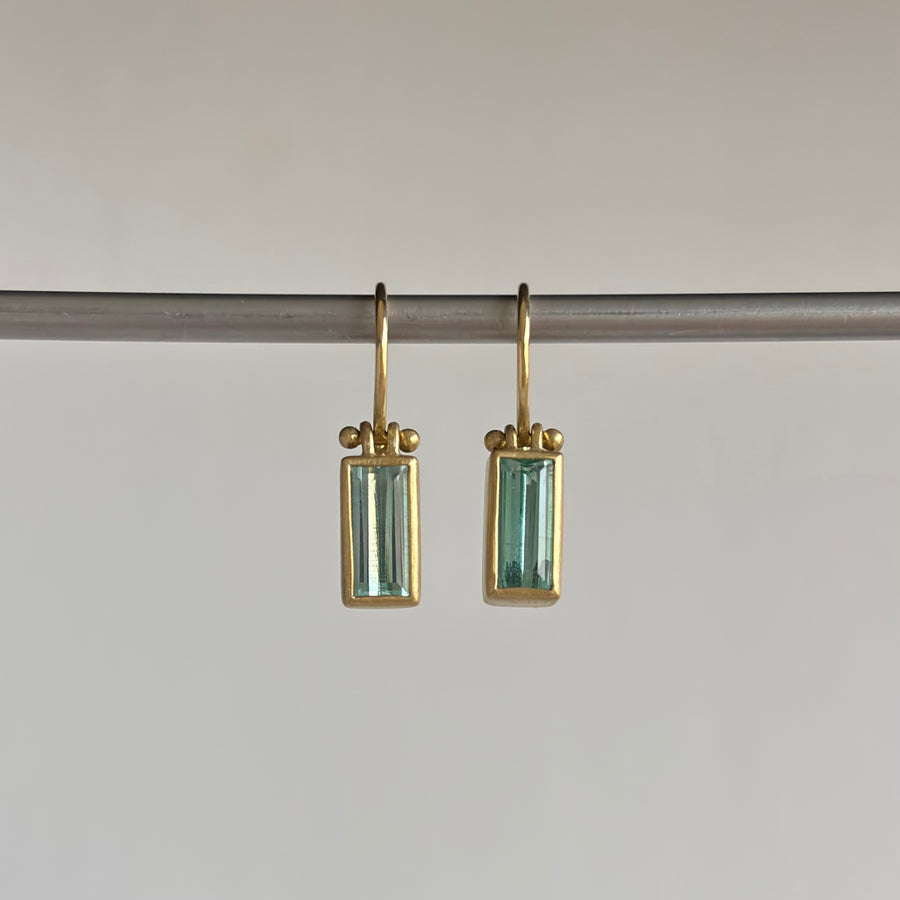 Monika Krol Emerald Cut Beryl Earrings hanging