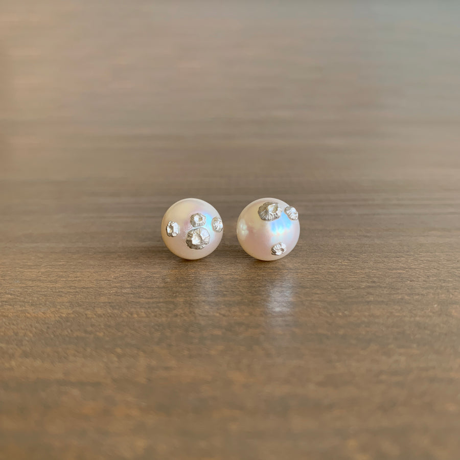 Large Pearl Studs with Silver Barnacles
