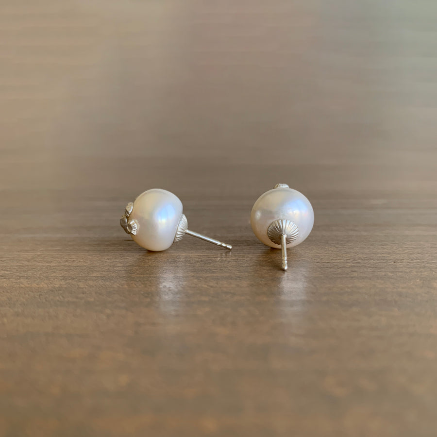 Large Pearl Studs with Silver Barnacles