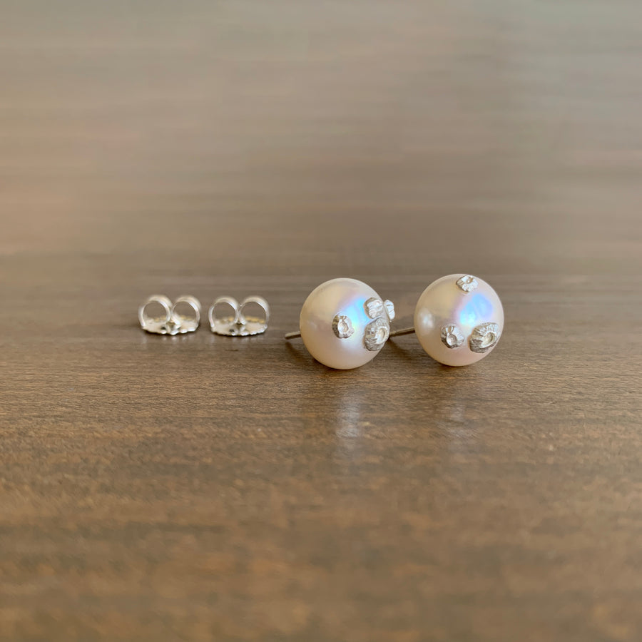 Large Pearl Studs with Silver Barnacles