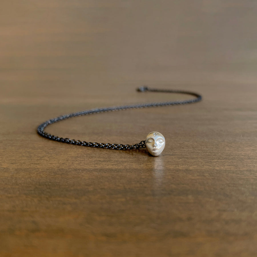 Little Silver Grey Lady Cameo Necklace with Diamond