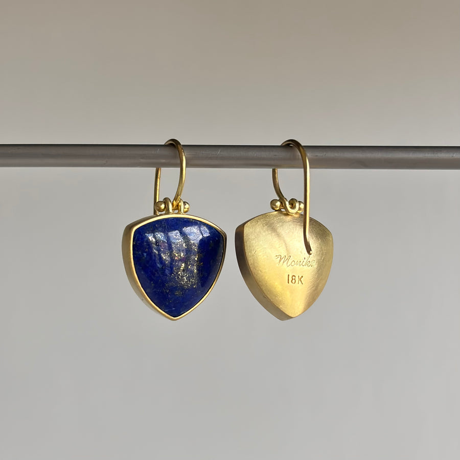 Rounded Triangle Lapis Shield Earrings